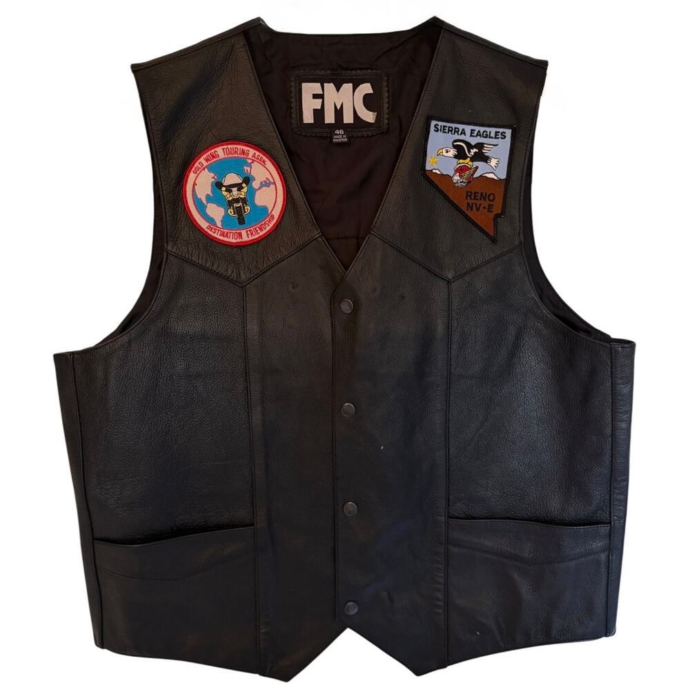FMC Leather Vest Mens 46 Black Reno Nevada Biker Patch Motorcycle Vintage